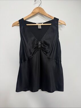 Nine West Black Silk V-Neck Sleeveless Top with Beaded Detail Size 10